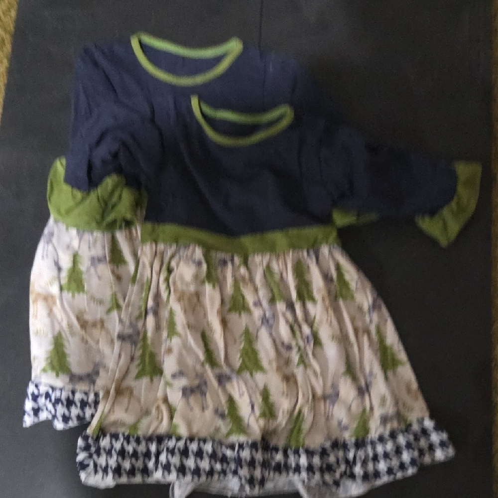 Navy and Green Long Sleeve Dress with Tree Print Twin Girl Matching Holiday